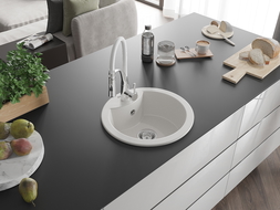 Mexen Diego granitový dřez 1-komorový s kuchyňskou baterií Aster, bílý - 6512-20-73450-02