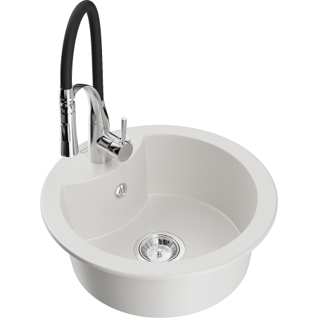 Mexen Diego granitový dřez s 1 komorou a kuchyňskou baterií Aster, bílý - 6512-20-73450-07