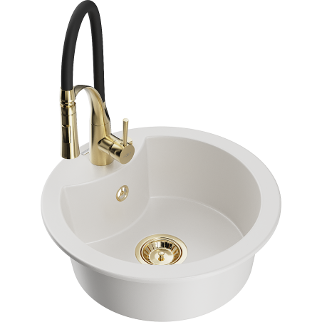 Mexen Diego granitový dřez s 1 komorou a kuchyňskou baterií Aster, bílý - 6512-20-73450-57-G