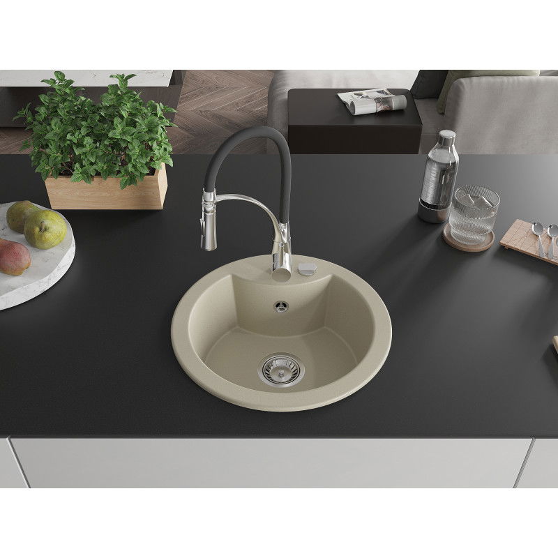 Mexen Diego granitový dřez 1-komorový s kuchyňskou baterií Aster, béžový - 6512-69-73450-07