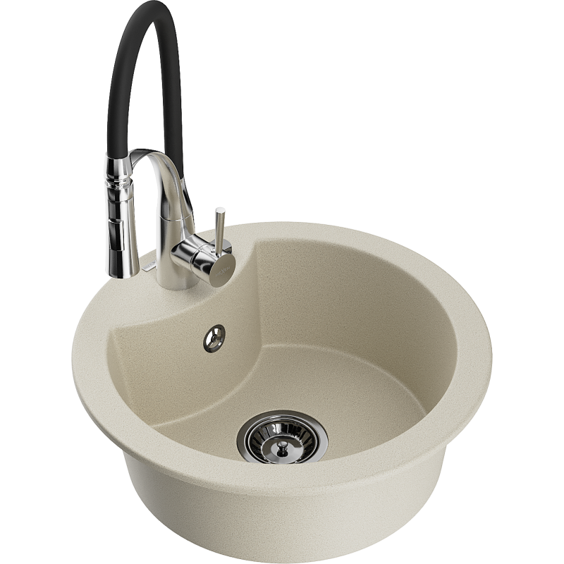 Mexen Diego dřez granitový 1-komorový s kuchyňskou baterií Aster, béžový - 6512-69-73450-07-B