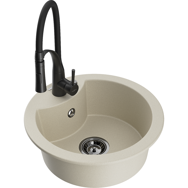 Mexen Diego granitový dřez s 1 komorou a kuchyňskou baterií Aster, béžový - 6512-69-73450-70-B