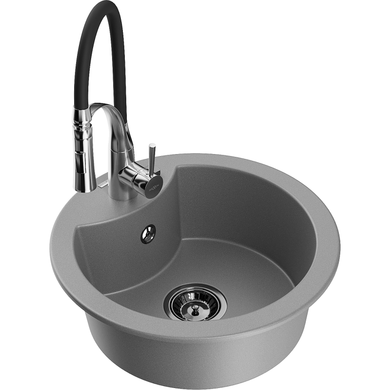 Mexen Diego granitový dřez 1-komorový s kuchyňskou baterií Aster, šedý - 6512-71-73450-07-B