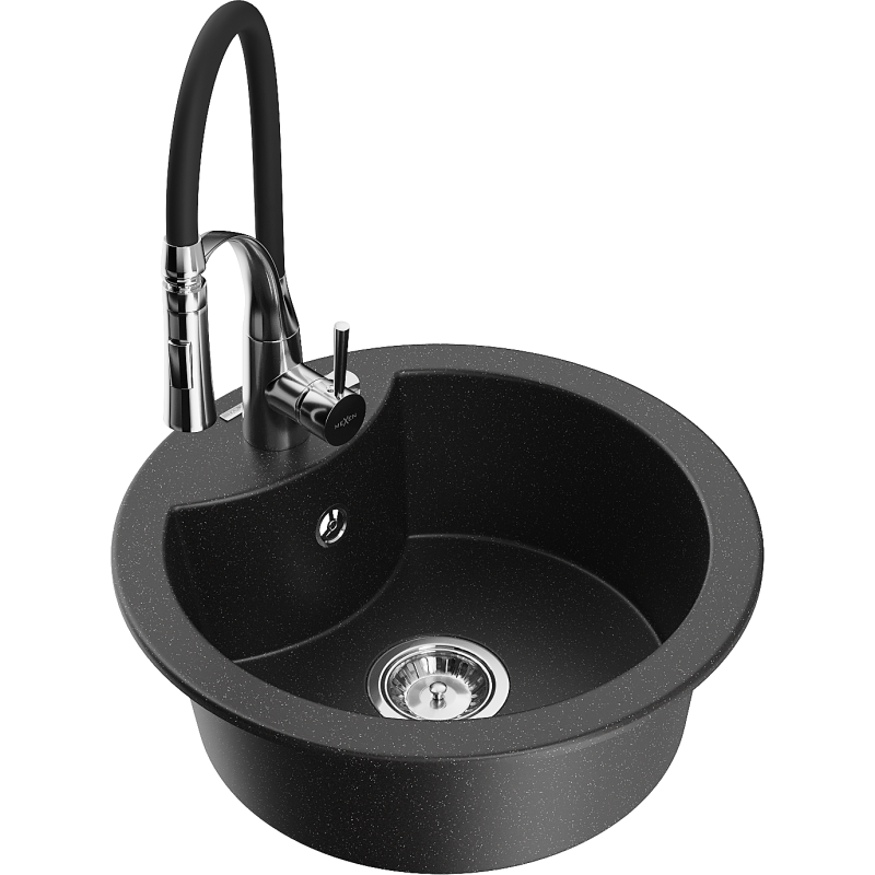 Mexen Diego granitový dřez 1-komorový s kuchyňskou baterií Aster, černý/stříbrný metalik - 6512-73-73450-07