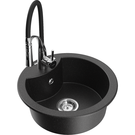 Mexen Diego granitový dřez 1-komorový s kuchyňskou baterií Aster, černý/stříbrný metalik - 6512-73-73450-07