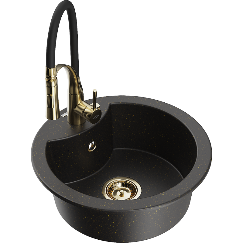 Mexen Diego granitový dřez 1-komorový s kuchyňskou baterií Aster, černý/zlatý metalik - 6512-75-73450-57-G