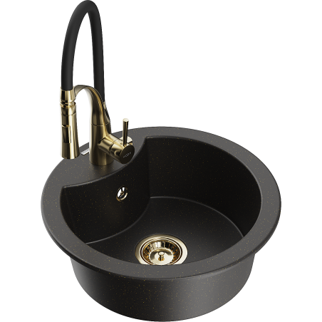 Mexen Diego granitový dřez 1-komorový s kuchyňskou baterií Aster, černý/zlatý metalik - 6512-75-73450-57-G