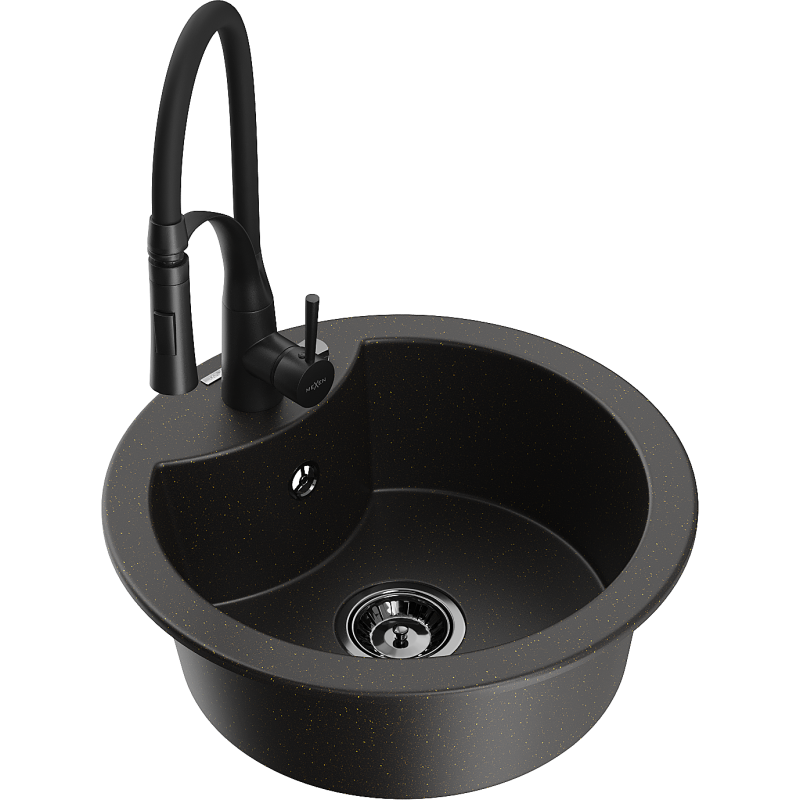 Mexen Diego granitový dřez 1-komorový s kuchyňskou baterií Aster, černý/zlatý metalik - 6512-75-73450-70-B