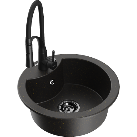 Mexen Diego granitový dřez 1-komorový s kuchyňskou baterií Aster, černý/zlatý metalik - 6512-75-73450-70-B