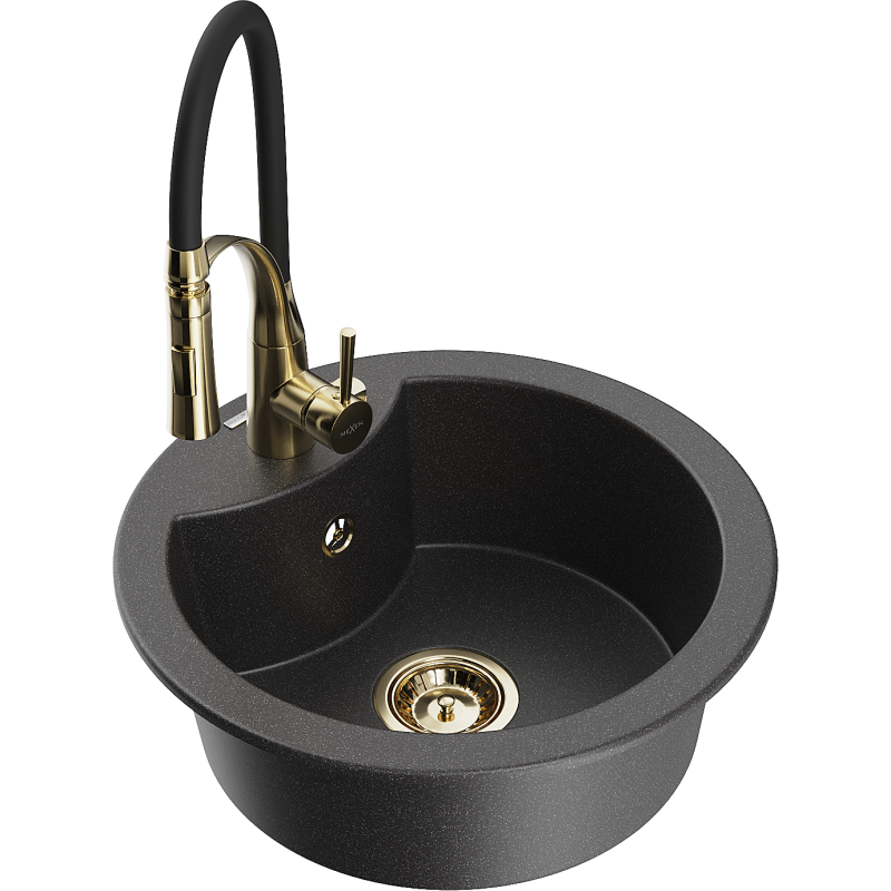 Mexen Diego granitový dřez 1-komorový s kuchyňskou baterií Aster, černý melírovaný - 6512-76-73450-57-G