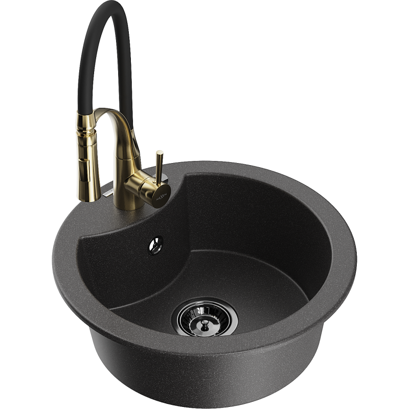 Mexen Diego granitový kuchyňský dřez s 1 komorou s kuchyňskou baterií Aster, černý s puntíky - 6512-76-73450-57-B