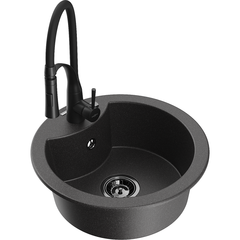 Mexen Diego granitový dřez s 1 komorou a kuchyňskou baterií Aster, černý skvrnitý - 6512-76-73450-70-B