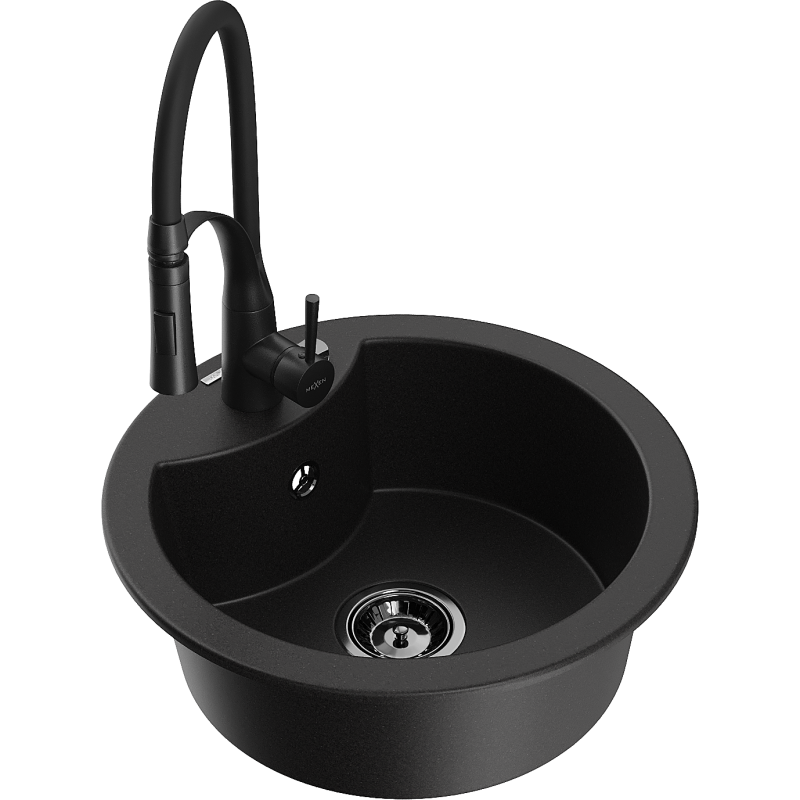 Mexen Diego granitový dřez 1-komorový s kuchyňskou baterií Aster, černý - 6512-77-73450-70-B