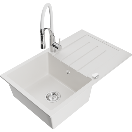Mexen Bruno granitový dřez 1-komorový s odkapávačem a kuchyňskou baterií Aster, bílý - 6513-20-73450-02