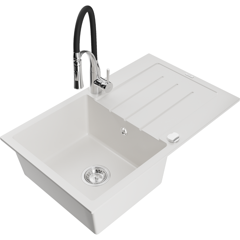 Mexen Bruno granitový dřez s 1 komorou s odkapávačem a kuchyňskou baterií Aster, bílý - 6513-20-73450-07