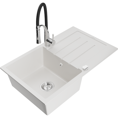 Mexen Bruno granitový dřez s 1 komorou s odkapávačem a kuchyňskou baterií Aster, bílý - 6513-20-73450-07