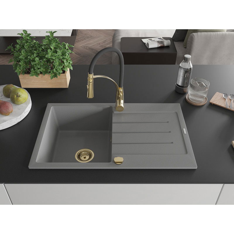 Mexen Bruno granitový dřez 1-komorový s odkapávačem a kuchyňskou baterií Aster, šedý - 6513-71-73450-57-G