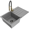Mexen Bruno granitový kuchyňský dřez s jednou komorou, odkapávačem a kuchyňskou baterií Aster, šedý - 6513-71-73450-57-B
