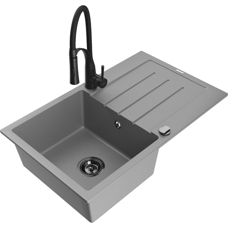 Mexen Bruno granitový dřez 1-komorový s odkapávačem a kuchyňskou baterií Aster, šedý - 6513-71-73450-70-B