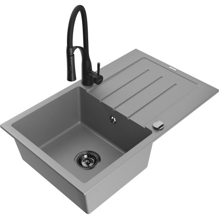 Mexen Bruno granitový dřez 1-komorový s odkapávačem a kuchyňskou baterií Aster, šedý - 6513-71-73450-70-B