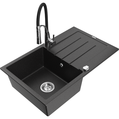 Mexen Bruno granitový dřez s jednou komorou a odkapávačem a kuchyňskou baterií Aster, černý/stříbrný metalík - 6513-73-73450-07