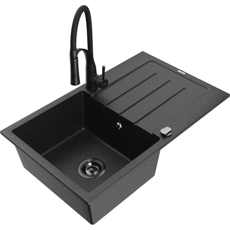 Mexen Bruno granitový dřez 1-komorový s odkapávačem a kuchyňskou baterií Aster, černý/stříbrný metalik - 6513-73-73450-70-B