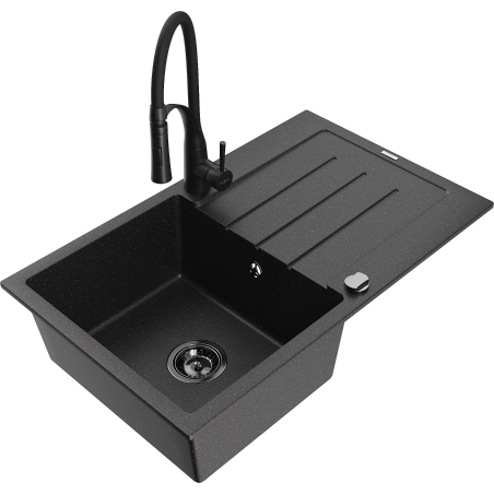 Mexen Bruno granitový dřez 1-komorový s odkapávačem a kuchyňskou baterií Aster, černý/stříbrný metalik - 6513-73-73450-70-B