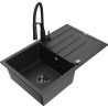 Mexen Bruno granitový dřez 1-komorový s odkapávačem a kuchyňskou baterií Aster, černý/stříbrný metalik - 6513-73-73450-70-B