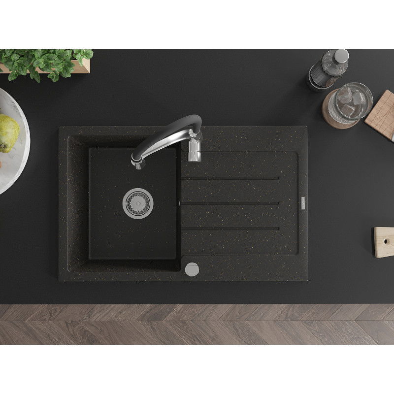 Mexen Bruno granitový dřez 1-komorový s odkapávačem a kuchyňskou baterií Aster, černý/zlatý metalik - 6513-75-73450-07