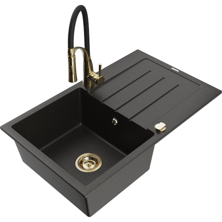 Mexen Bruno žulový dřez 1-komorový s odkapávačem a kuchyňskou baterií Aster, černý/zlatý metalik - 6513-75-73450-57-G