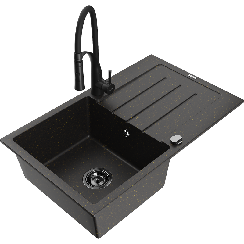 Mexen Bruno granitový dřez 1-komorový s odkapávačem a kuchyňskou baterií Aster, černý/zlatý metalik - 6513-75-73450-70-B