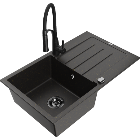 Mexen Bruno granitový dřez 1-komorový s odkapávačem a kuchyňskou baterií Aster, černý/zlatý metalik - 6513-75-73450-70-B