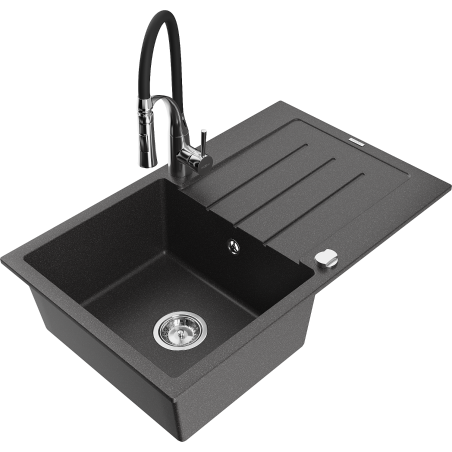 Mexen Bruno granitový kuchyňský dřez 1-komorový s odkapávačem a kuchyňskou baterií Aster, černý s tečkami - 6513-76-73450-07