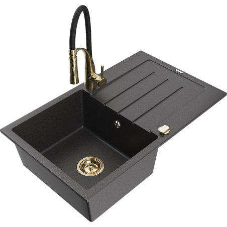 Mexen Bruno granitový dřez 1-komorový s odkapávačem a kuchyňskou baterií Aster, černý skvrnitý - 6513-76-73450-57-G