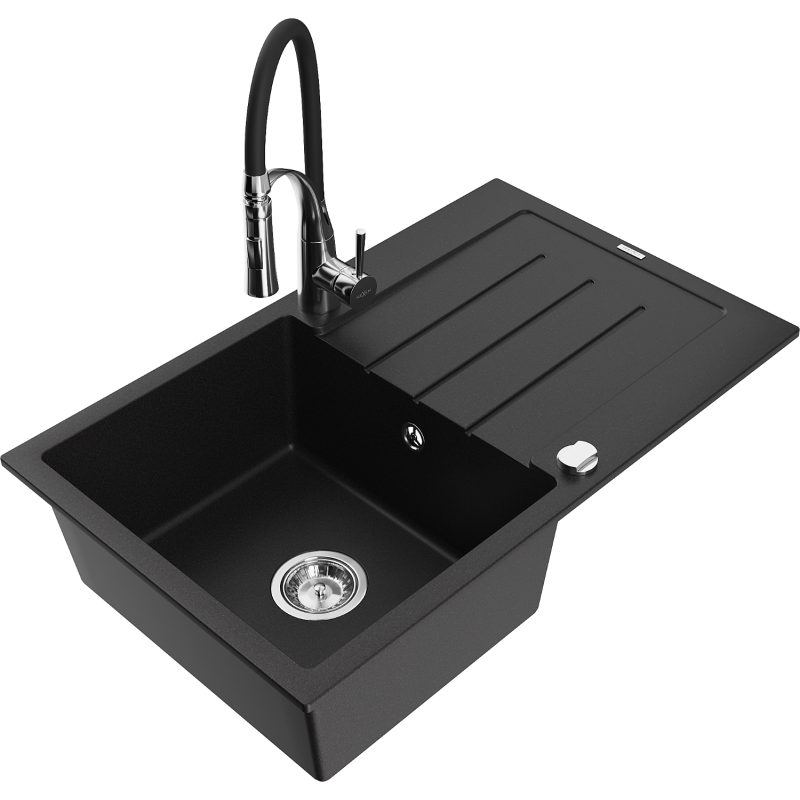 Mexen Bruno dřez žulový 1-komorový s odkapávačem a kuchyňskou baterií Aster, černý - 6513-77-73450-07