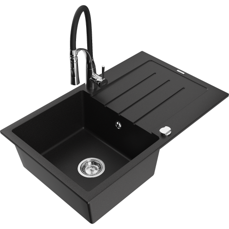 Mexen Bruno dřez žulový 1-komorový s odkapávačem a kuchyňskou baterií Aster, černý - 6513-77-73450-07