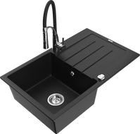 Mexen Bruno dřez žulový 1-komorový s odkapávačem a kuchyňskou baterií Aster, černý - 6513-77-73450-07