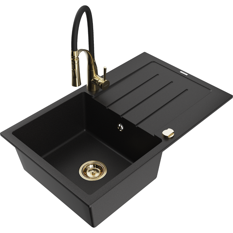 Mexen Bruno granitový dřez 1-komorový s odkapávačem a kuchyňskou baterií Aster, černý - 6513-77-73450-57-G