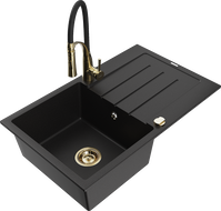 Mexen Bruno granitový dřez 1-komorový s odkapávačem a kuchyňskou baterií Aster, černý - 6513-77-73450-57-G