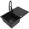 Mexen Bruno granitový dřez 1-komorový s odkapávačem a kuchyňská baterie Aster, černý - 6513-77-73450-70-B