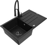 Mexen Bruno granitový dřez 1-komorový s odkapávačem a kuchyňská baterie Aster, černý - 6513-77-73450-70-B