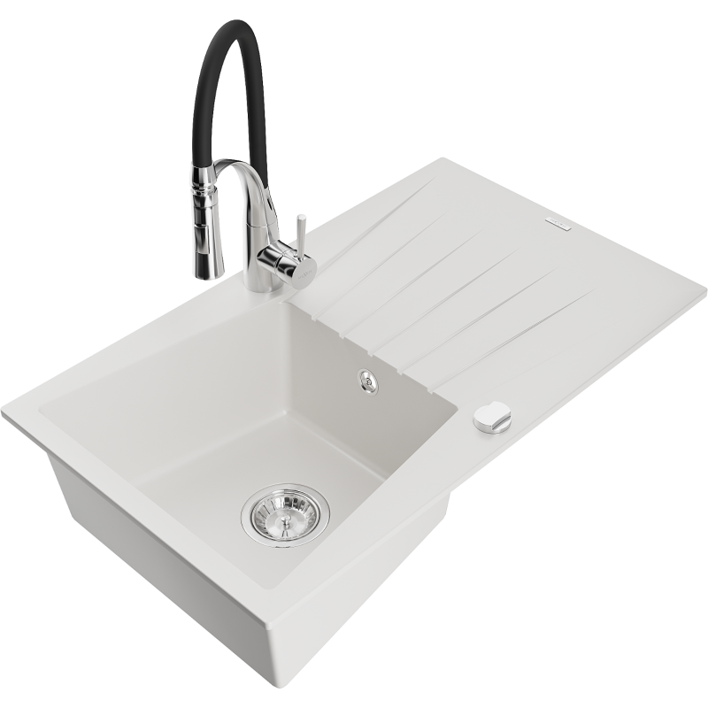 Mexen Cesar žulový dřez 1-komorový s odkapávačem a kuchyňskou baterií Aster, bílý - 6514-20-73450-07