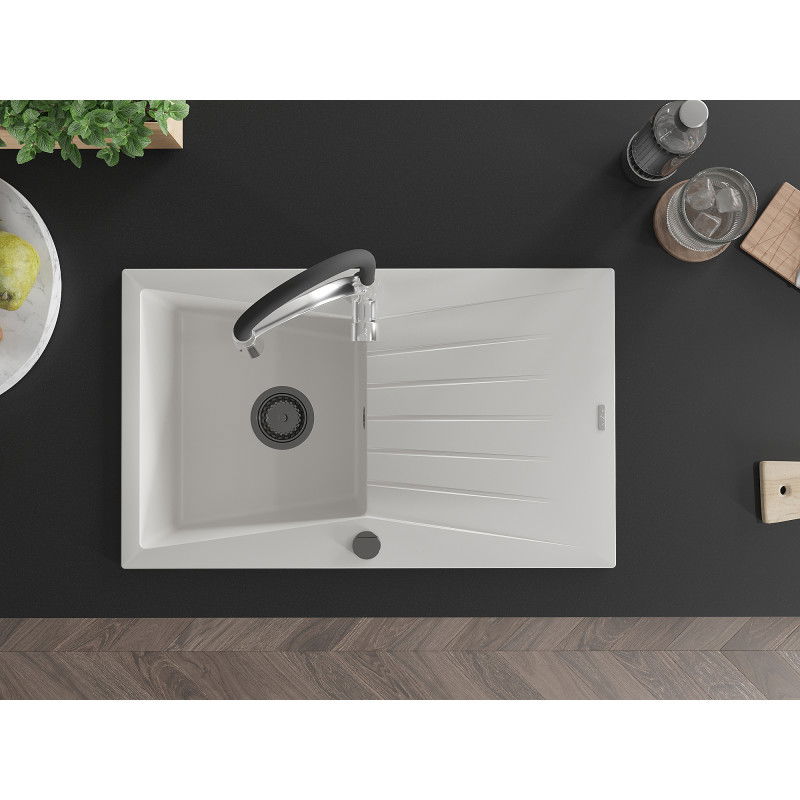 Mexen Cesar jedno-komorový žulový dřez s odkapávačem a kuchyňskou baterií Aster, bílý - 6514-20-73450-07-B