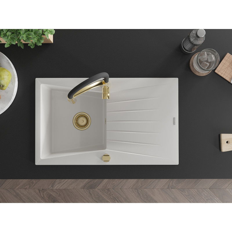 Mexen Cesar granitový kuchyňský dřez s 1 komorou, odkapávačem a kuchyňskou baterií Aster, bílý - 6514-20-73450-57-G