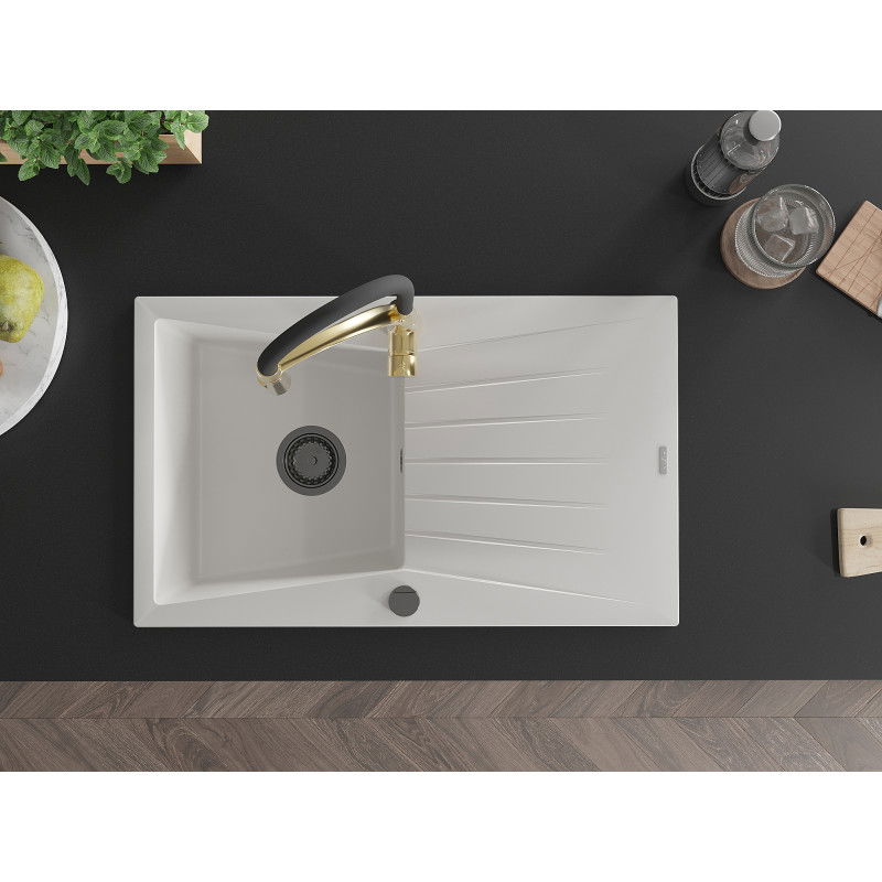 Mexen Cesar granitový dřez 1-komorový s odkapávačem a kuchyňskou baterií Aster, bílá - 6514-20-73450-57-B