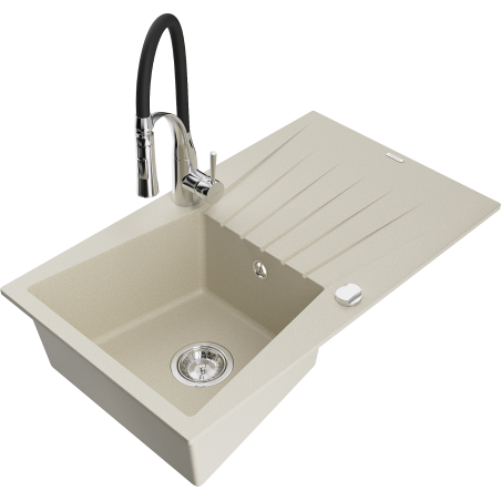 Mexen Cesar granitový dřez s jednou komorou a odkapávačem a kuchyňskou baterií Aster, béžový - 6514-69-73450-07