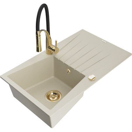 Mexen Cesar jednokomorový dřez s odkapávačem a kuchyňskou baterií Aster, béžový - 6514-69-73450-57-G