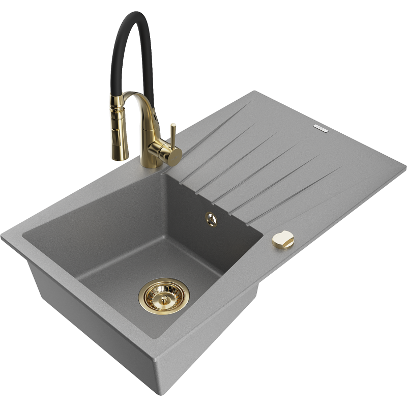 Mexen Cesar granitový dřez 1-komorový s odkapávačem a kuchyňskou baterií Aster, šedý - 6514-71-73450-57-G