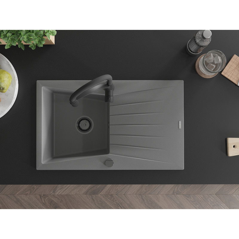 Mexen Cesar granitový dřez 1-komorový s odkapávačem a kuchyňská baterie Aster, šedá - 6514-71-73450-70-B