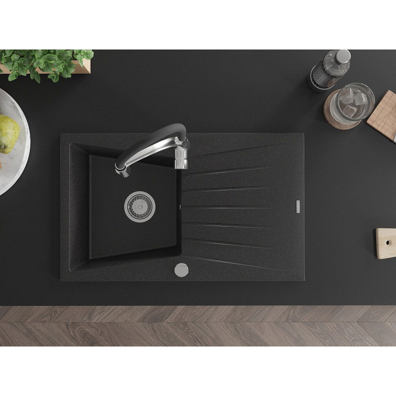 Mexen Cesar žulový dřez 1-komorový s odkapávačem a kuchyňskou baterií Aster, černý/stříbrný metalík - 6514-73-73450-07